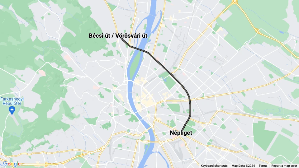 Budapest Zusätzliche Linie 1A: Népliget - Bécsi út / Vörösvári út Linienkarte