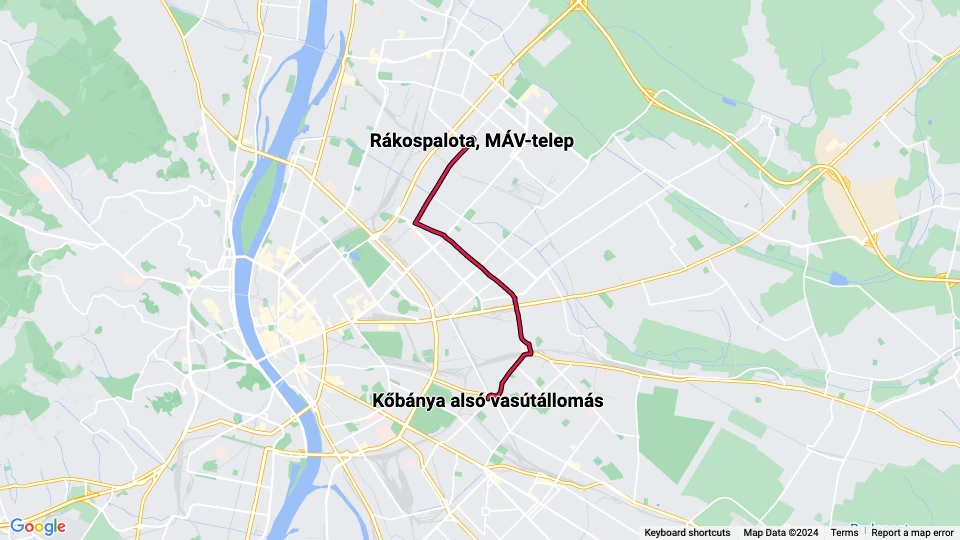 Budapest Zusätzliche Linie 62A: Kőbánya alsó vasútállomás - Rákospalota, MÁV-telep Linienkarte