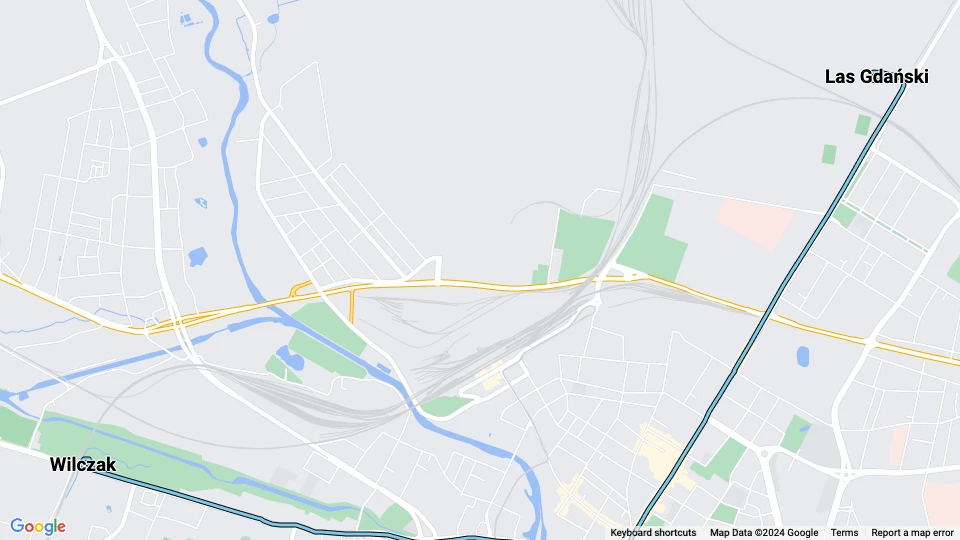 Bydgoszcz Straßenbahnlinie 1: Wilczak - Las Gdański Linienkarte