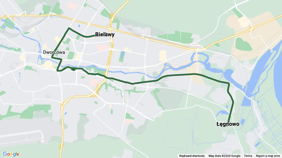 Bydgoszcz Straßenbahnlinie 6: Bielawy - Łęgnowo Linienkarte