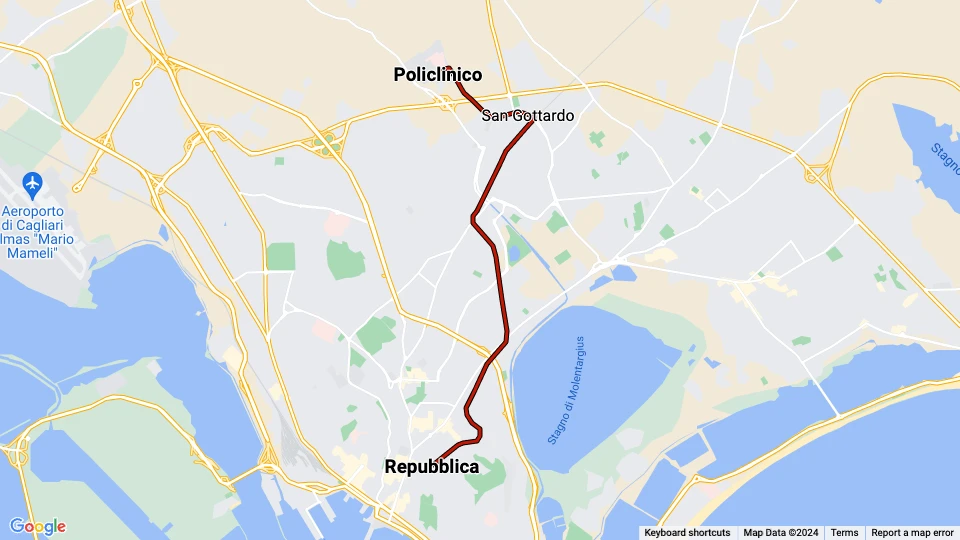 Cagliari Straßenbahnlinie 1: Repubblica - Policlinico Linienkarte