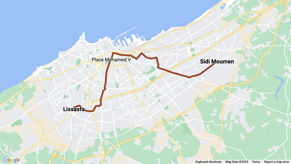 Casablanca Straßenbahnlinie T1: Sidi Moumen - Lissasfa Linienkarte