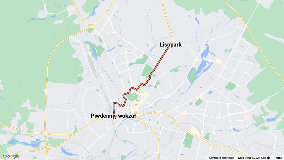 Charkiw Straßenbahnlinie 12: Piwdennyj wokzał - Lisopark Linienkarte