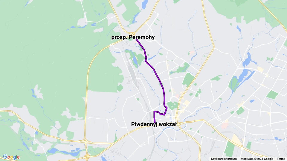 Charkiw Straßenbahnlinie 20: Piwdennyj wokzał - prosp. Peremohy Linienkarte