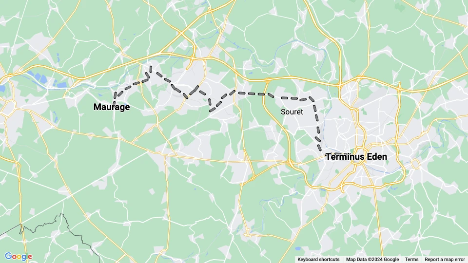 Charleroi Straßenbahnlinie 80: Terminus Eden - Maurage Linienkarte