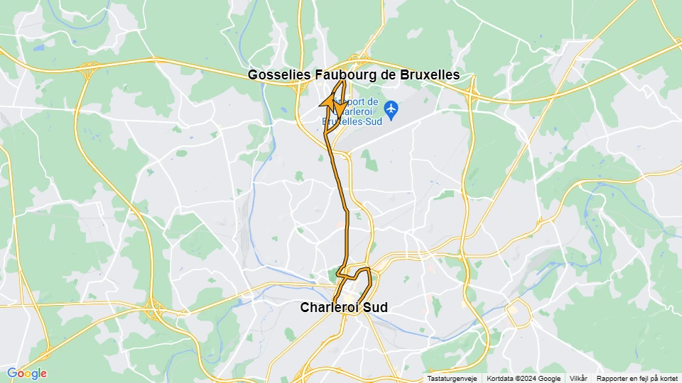 Charleroi Straßenbahnlinie M3: Charleroi Sud - Gosselies Faubourg de Bruxelles Linienkarte