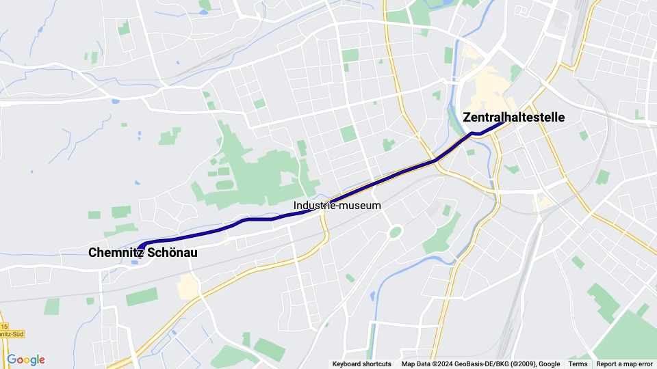 Chemnitz Straßenbahnlinie 1: Zentralhaltestelle - Chemnitz Schönau Linienkarte