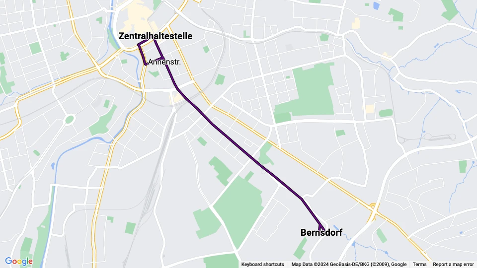 Chemnitz Straßenbahnlinie 2: Zentralhaltestelle - Bernsdorf Linienkarte