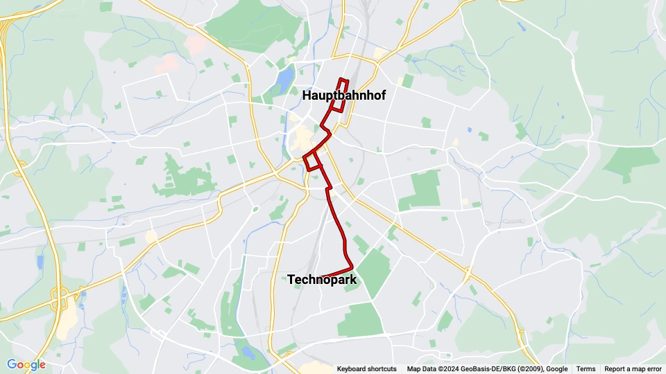Chemnitz Straßenbahnlinie 3: Hauptbahnhof - Technopark Linienkarte