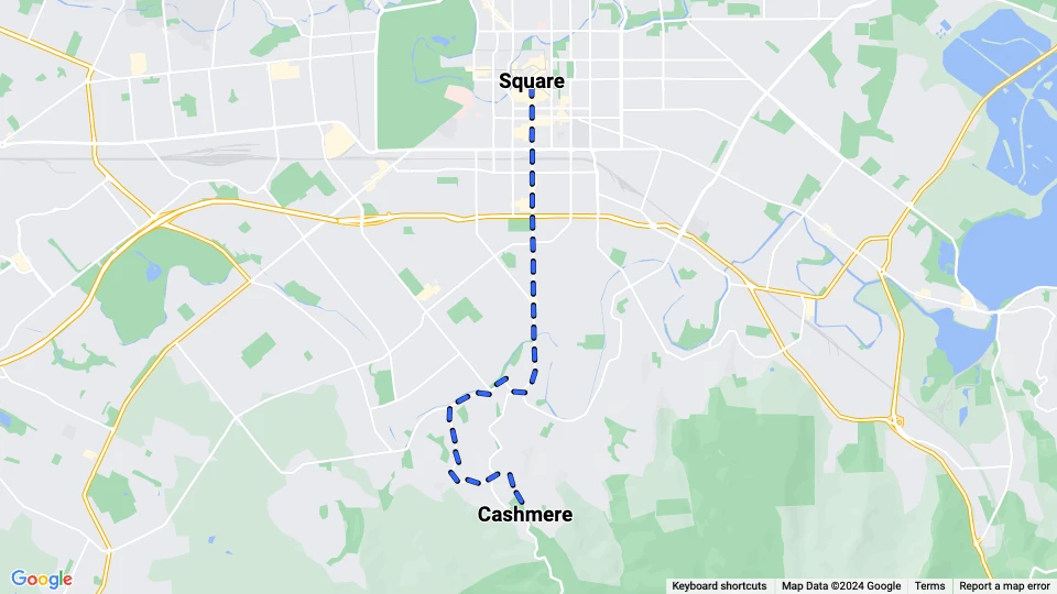 Christchurch Straßenbahnlinie 2: Cashmere - Square Linienkarte