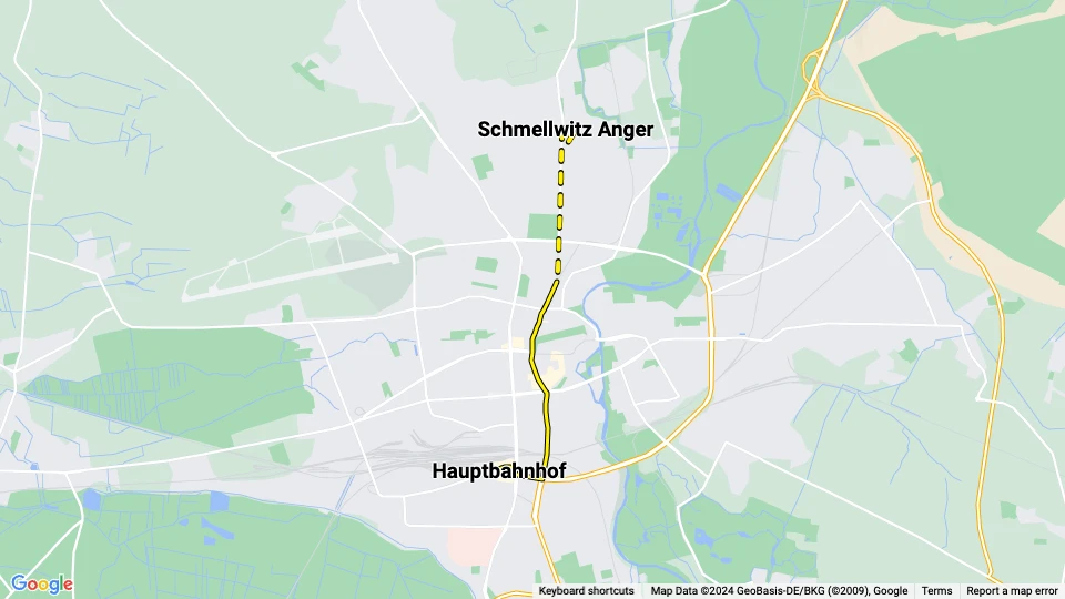 Cottbus Straßenbahnlinie 1: Schmellwitz Anger - Hauptbahnhof Linienkarte