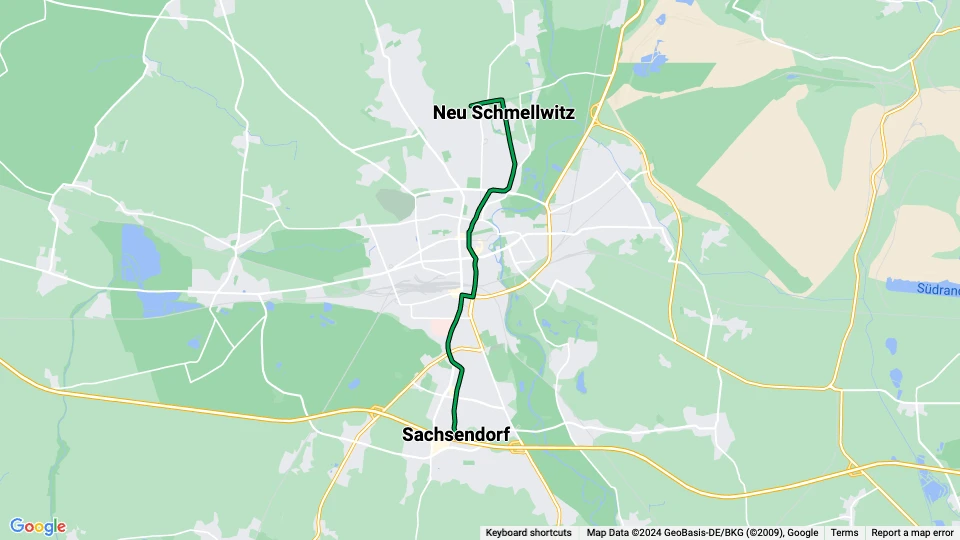 Cottbus Straßenbahnlinie 4: Betriebshof Schmellwitz - Sachsendorf Linienkarte