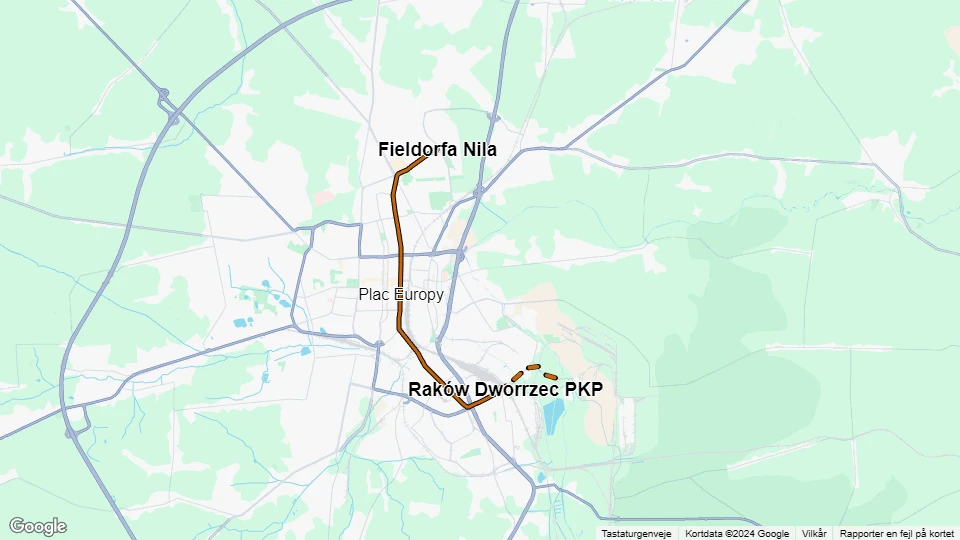 Częstochowa Straßenbahnlinie 1: Fieldorfa Nila - Kucelin Szpital Linienkarte