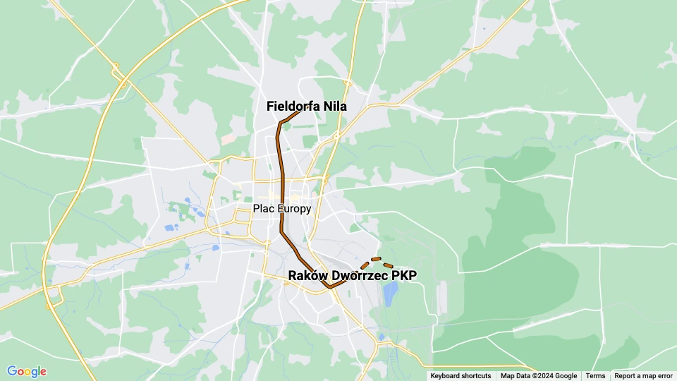Częstochowa Straßenbahnlinie 1 Linienkarte