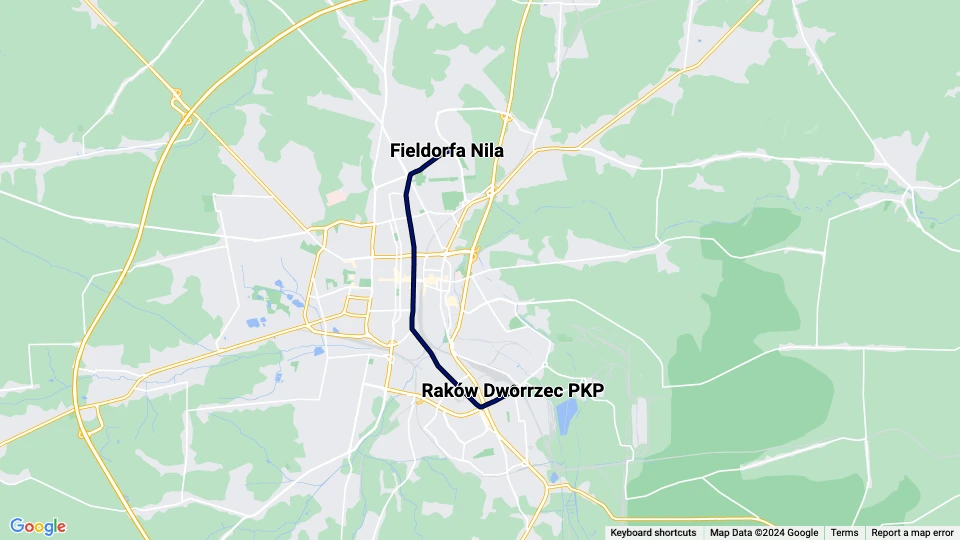 Częstochowa Straßenbahnlinie 2: Fieldorfa Nila - Raków Dworrzec PKP Linienkarte