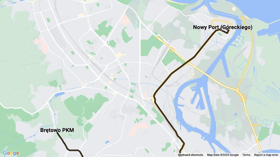 Danzig Straßenbahnlinie 10: Brętowo PKM - Nowy Port (Góreckiego) Linienkarte