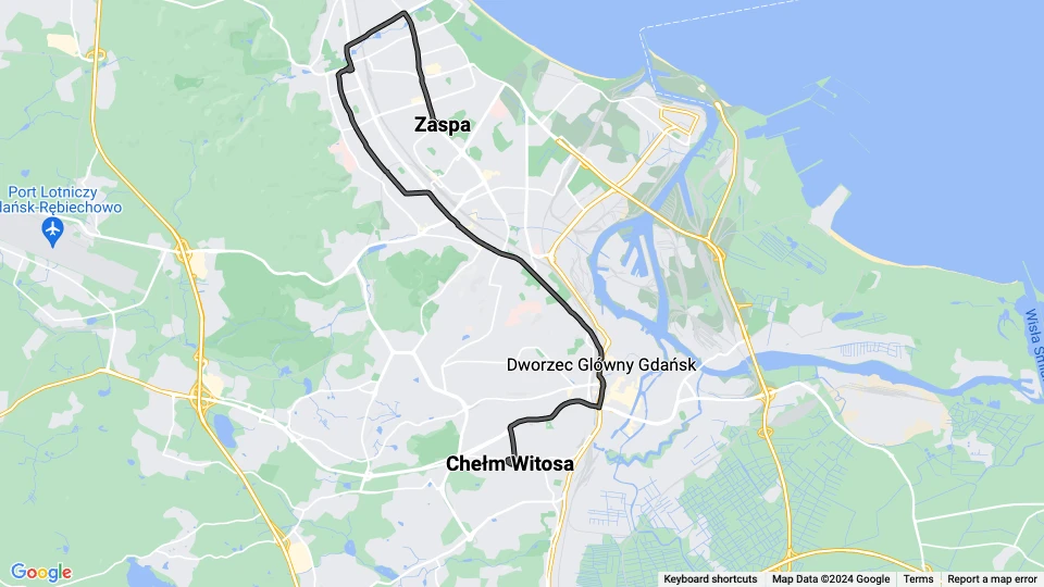 Danzig Straßenbahnlinie 11: Zaspa - Chełm Witosa Linienkarte