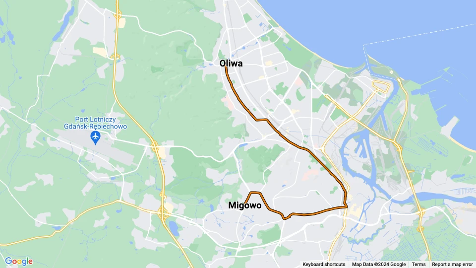 Danzig Straßenbahnlinie 12: Oliwa - Migowo Linienkarte