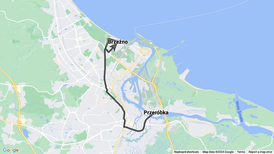 Danzig Straßenbahnlinie 13: Brzeźno - Przeróbka Linienkarte