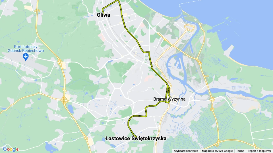 Danzig Straßenbahnlinie 2: Oliwa - Łostowice Świętokrzyska Linienkarte