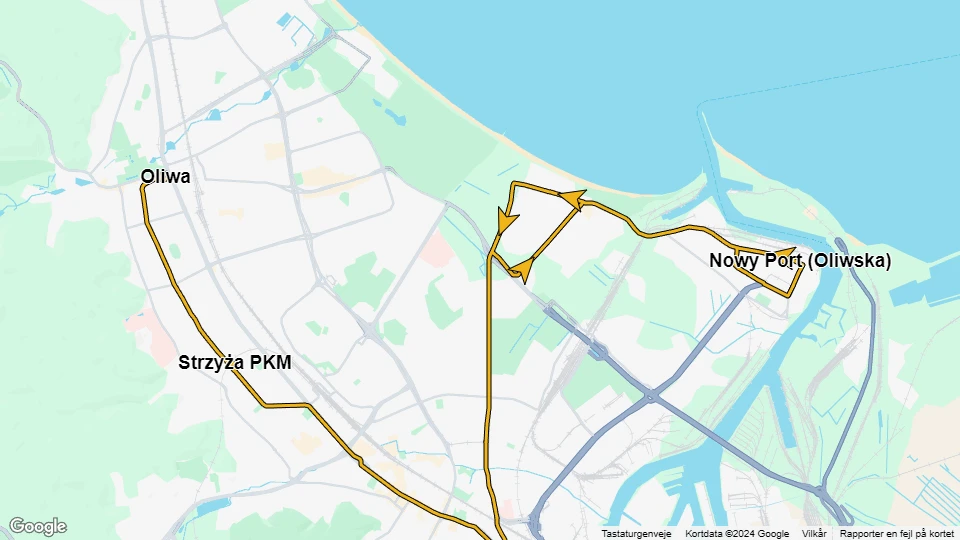 Danzig Straßenbahnlinie 5: Oliwa - Nowy Port (Oliwska) Linienkarte