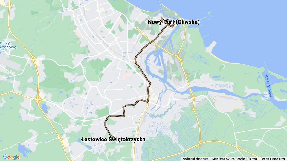 Danzig Zusätzliche Linie 7: Łostowice Świętokrzyska - Nowy Port (Oliwska) Linienkarte
