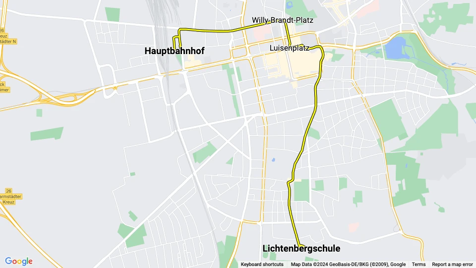 Darmstadt Straßenbahnlinie 3: Hauptbahnhof - Lichtenbergschule Linienkarte
