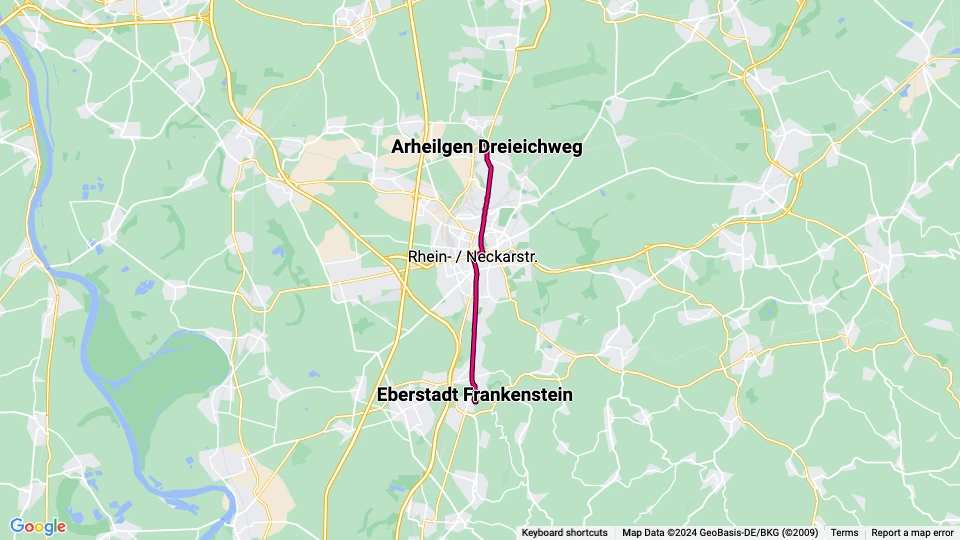 Darmstadt Straßenbahnlinie 7: Arheilgen Dreieichweg - Eberstadt Frankenstein Linienkarte