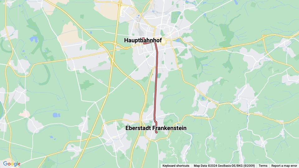 Darmstadt Zusätzliche Linie 1: Eberstadt Frankenstein - Hauptbahnhof Linienkarte