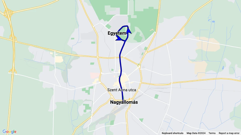Debrecen Straßenbahnlinie 1: Nagyállomás - Egyetem Linienkarte