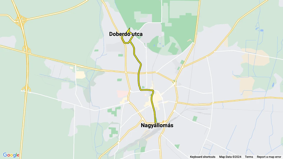 Debrecen Straßenbahnlinie 2: Nagyállomás - Doberdó utca Linienkarte
