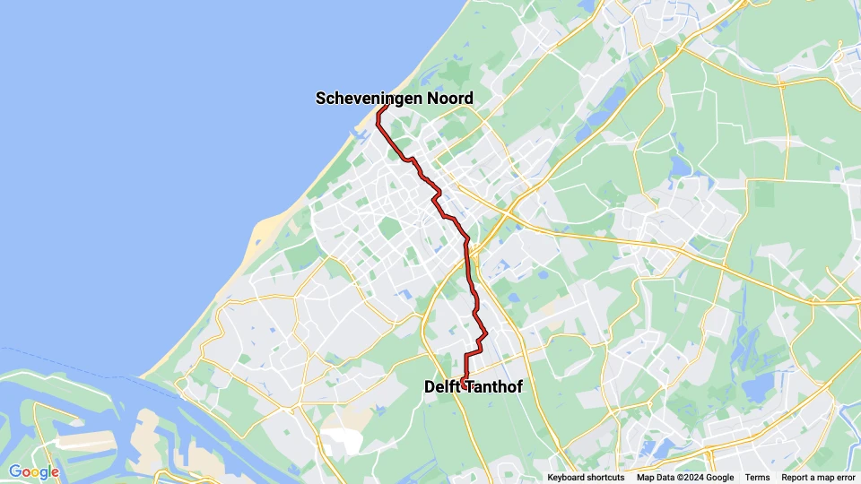 Den Haag Straßenbahnlinie 1: Scheveningen Noord - Delft Tanthof Linienkarte