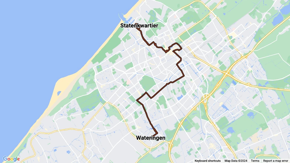 Den Haag Straßenbahnlinie 16: Statenkwartier - Wateringen Linienkarte