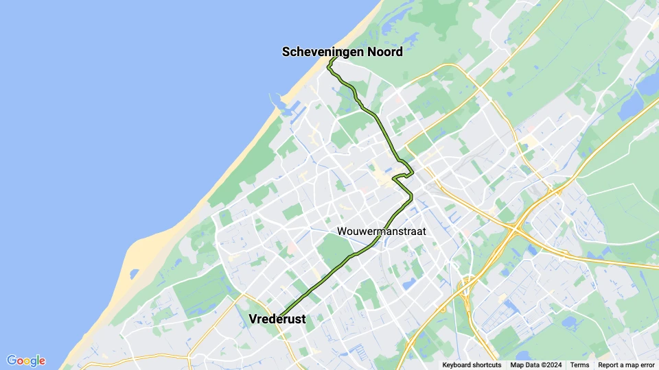 Den Haag Straßenbahnlinie 9: Vrederust - Scheveningen Noord Linienkarte
