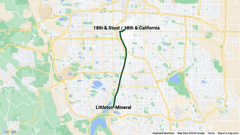 Denver Straßenbahnlinie D: Littleton-Mineral - 18th & Stout / 18th & California Linienkarte
