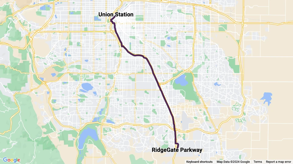 Denver Straßenbahnlinie E: Union Station - RidgeGate Parkway Linienkarte