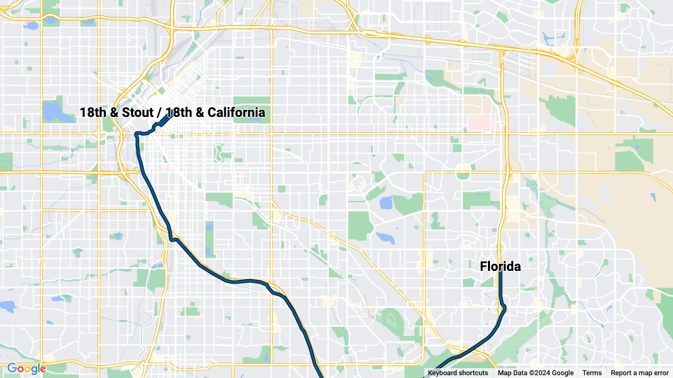 Denver Straßenbahnlinie H: 18th & Stout / 18th & California - Florida Linienkarte