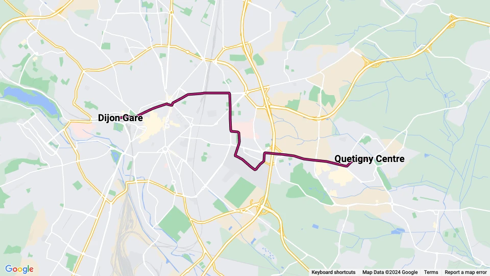 Dijon Straßenbahnlinie T1: Dijon Gare - Quetigny Centre Linienkarte