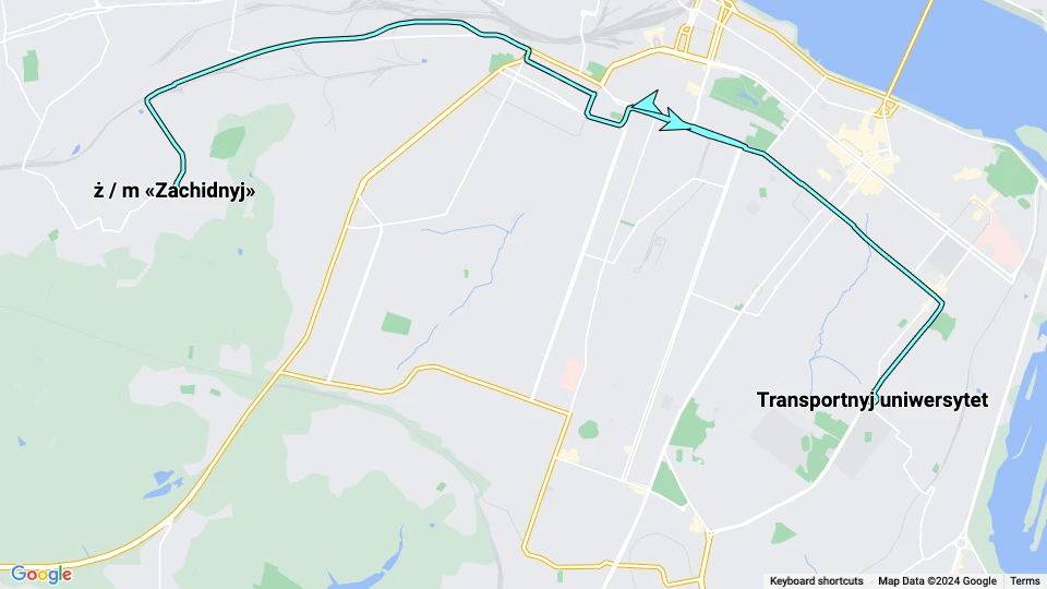Dnipro Straßenbahnlinie 5: ż / m «Zachidnyj» - Transportnyj uniwersytet Linienkarte