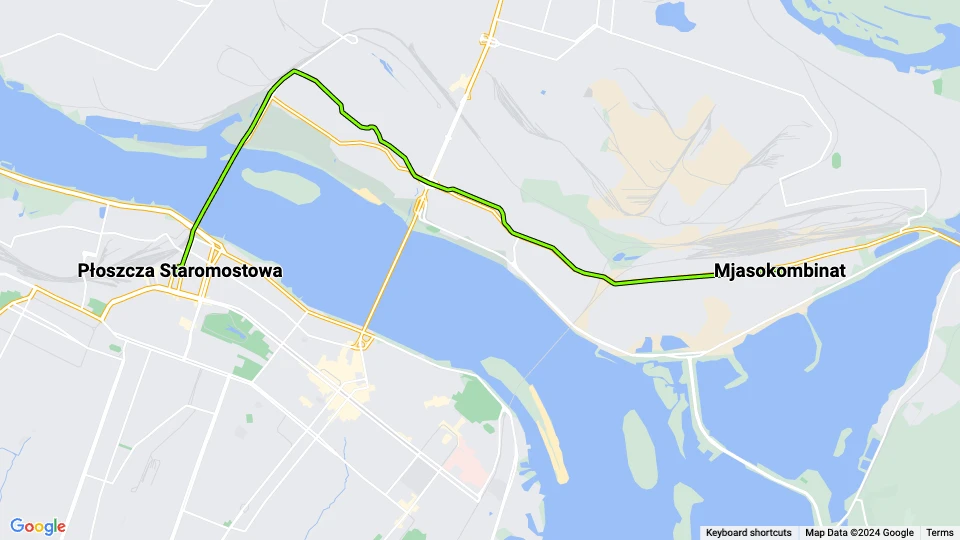 Dnipro Straßenbahnlinie 9: Mjasokombinat - Płoszcza Staromostowa Linienkarte