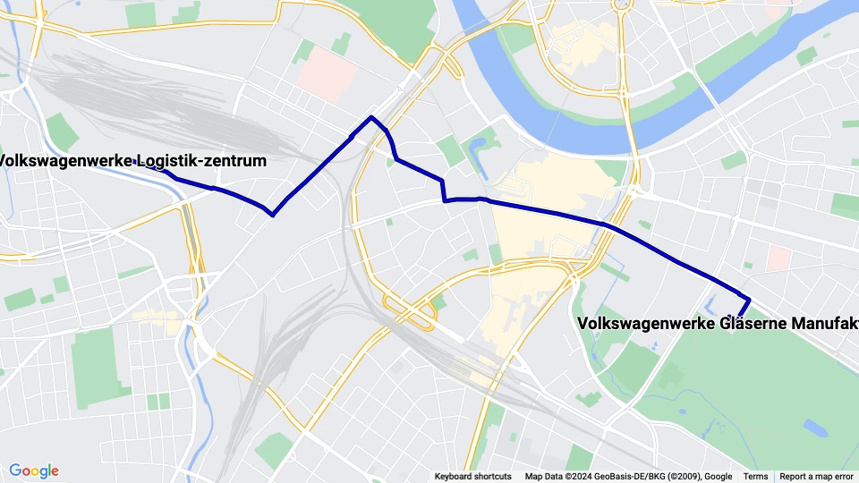 Dresden CarGoTram: Volkswagenwerke Logistik-zentrum - Volkswagenwerke Gläserne Manufaktur Linienkarte