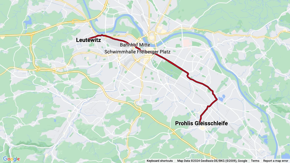 Dresden Straßenbahnlinie 1: Leutewitz - Prohlis Gleisschleife Linienkarte