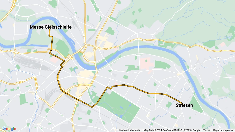Dresden Straßenbahnlinie 10: Striesen - Messe Gleisschleife Linienkarte