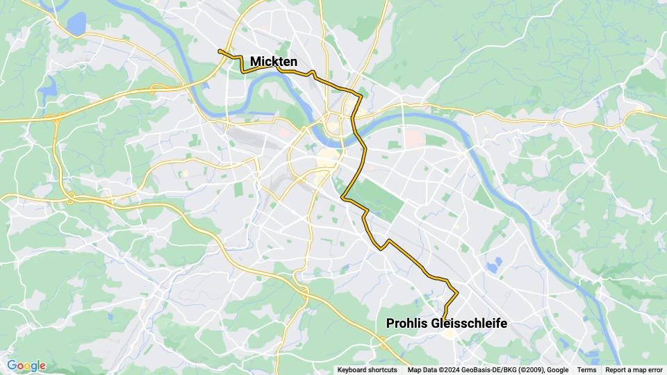 Dresden Straßenbahnlinie 13: Kaditz, Rigelplatz - Prohlis Gleisschleife Linienkarte