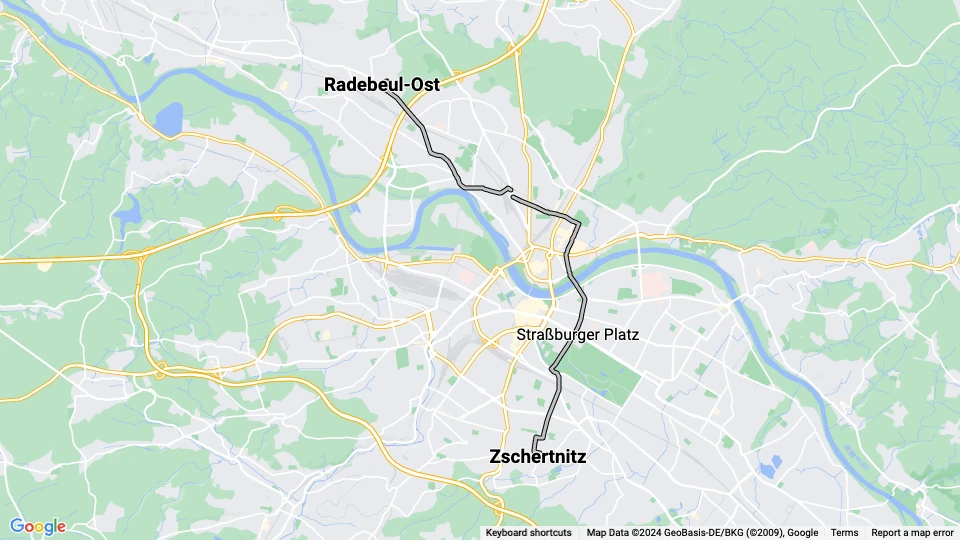 Dresden Straßenbahnlinie 16: Zschertnitz - Radebeul-Ost Linienkarte