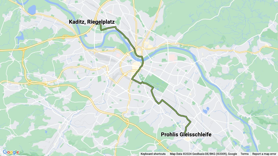 Dresden Straßenbahnlinie 9: Prohlis Gleisschleife - Kaditz, Rigelplatz Linienkarte