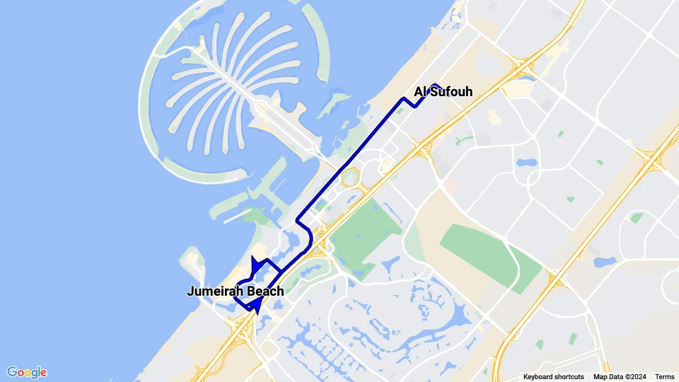 Dubai Straßenbahnlinie 1: Al Sufouh - Jumeirah Beach Linienkarte