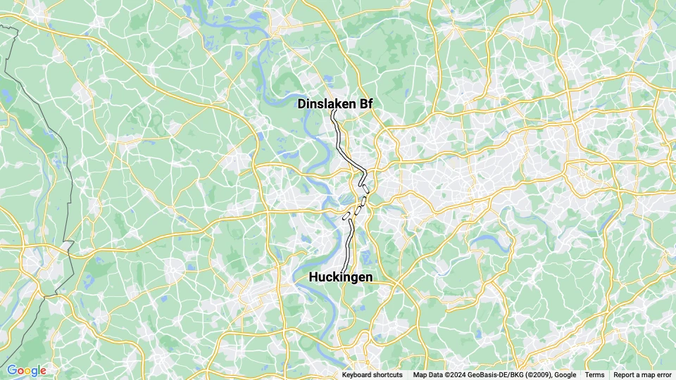 Duisburg Straßenbahnlinie 909: Dinslaken Bf - Huckingen Linienkarte