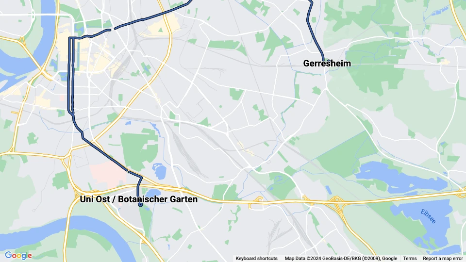 Düsseldorf Regionallinie U73: Uni Ost / Botanischer Garten - Gerresheim Linienkarte