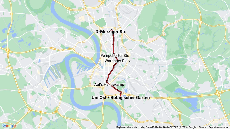 Düsseldorf Straßenbahnlinie 704: D-Merziger Str. - Uni Ost / Botanischer Garten Linienkarte